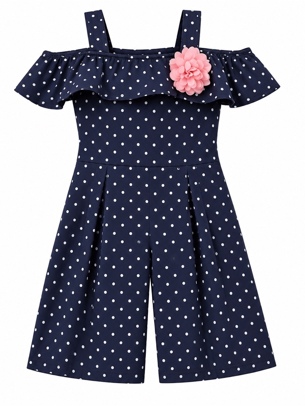 Janie and Jack jumpsuit Navy blue Polka Dot Cold Shoulder Pink Flower girls 2T